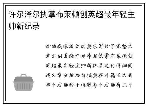 许尔泽尔执掌布莱顿创英超最年轻主帅新纪录